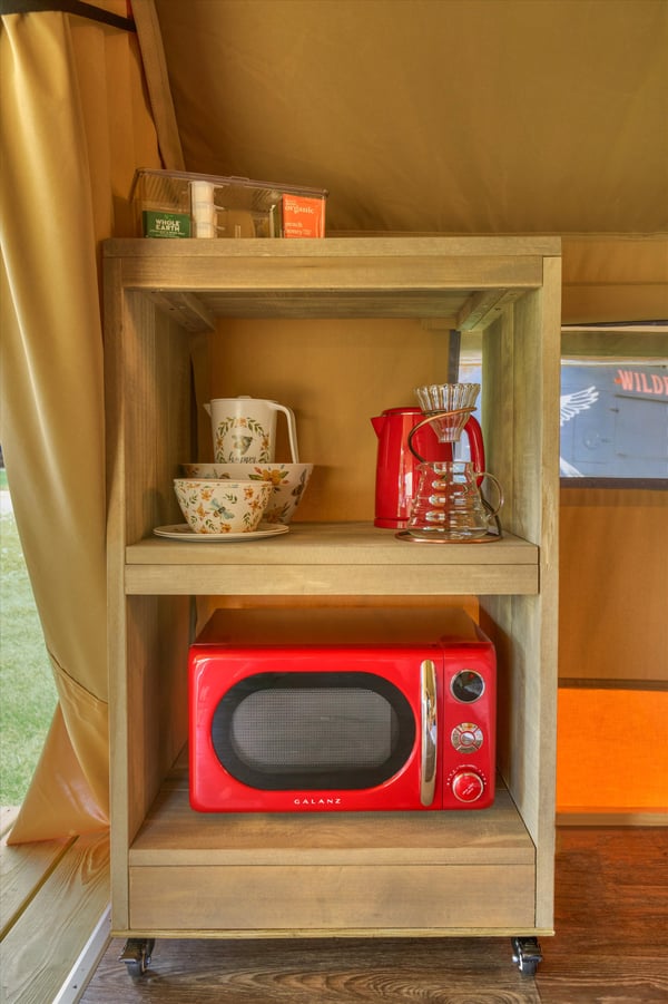 BeeWeaver tent cupboard with microwave