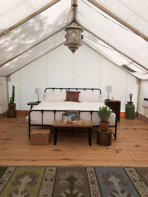 Spacious tent interior with bed and rug