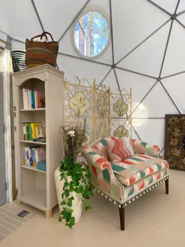 Bookshelf, chair, and plant inside dome